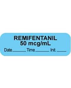 Anesthesia Label with Date, Time & Initial (Paper, Permanent) "Remifentanil 50 mcg/ml" 1 1/2" x 1/2" Blue - 1000 per Roll