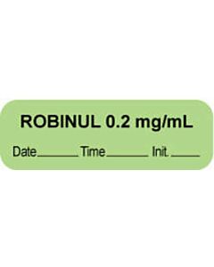 Anesthesia Label with Date, Time & Initial (Paper, Permanent) "Robinul 0.2 mg/ml" 1 1/2" x 1/2" Green - 1000 per Roll