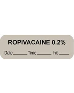 Anesthesia Label with Date, Time & Initial (Paper, Permanent) "Ropivacaine 0.2%" 1 1/2" x 1/2" Gray - 1000 per Roll