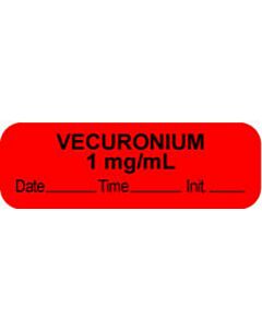 Anesthesia Label with Date, Time & Initial (Paper, Permanent) "Vecuronium 1 mg/ml" 1 1/2" x 1/2" Fluorescent Red - 1000 per Roll