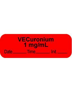 Anesthesia Label with Date, Time & Initial | Tall-Man Lettering (Paper, Permanent) "Vecuronium 1 mg/ml" 1 1/2" x 1/2" Fluorescent Red - 1000 per Roll