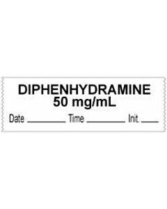 Anesthesia Tape with Date, Time & Initial (Removable) "Diphenhydramine 50 mg" 1/2" x 500" White - 333 Imprints - 500 Inches per Roll