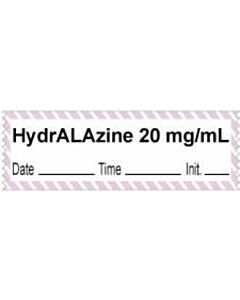Anesthesia Tape with Date, Time & Initial | Tall-Man Lettering (Removable) "Hydralazine 20 mg/ml" 1/2" x 500" White with Violet - 333 Imprints - 500 Inches per Roll