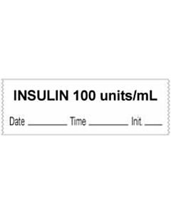 Anesthesia Tape with Date, Time & Initial (Removable) "Insulin 100 Units/ml" 1/2" x 500" White - 333 Imprints - 500 Inches per Roll