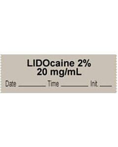 Anesthesia Tape with Date, Time & Initial | Tall-Man Lettering (Removable) "Lidocaine 2% 20 mg/ml" 1/2" x 500" Gray - 333 Imprints - 500 Inches per Roll