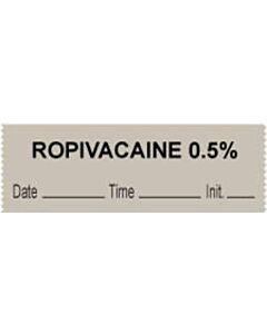 Anesthesia Tape with Date, Time & Initial (Removable) "Ropivacaine 0.5%" 1/2" x 500" Gray - 333 Imprints - 500 Inches per Roll