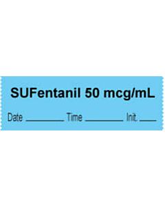 Anesthesia Tape with Date, Time & Initial | Tall-Man Lettering (Removable) "Sufentanil 50 mcg/ml" 1/2" x 500" Blue - 333 Imprints - 500 Inches per Roll