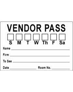 Visitor Pass Label Paper Removable "Vendor Pass S M T" 3" x 2" White, 1000 per Roll