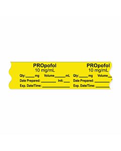 Anesthesia Tape, with Expiration Date, Time & Initial (Removable), "Propofol 10 mg/ml" 3/4" x 500", Yellow - 333 Imprints - 500 Inches per Roll
