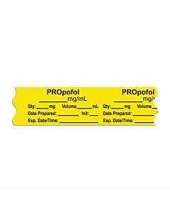 Anesthesia Tape, with Expiration Date, Time & Initial (Removable), "Propofol mg/ml" 3/4" x 500", Yellow - 333 Imprints - 500 Inches per Roll