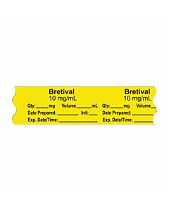 Anesthesia Tape, with Expiration Date, Time & Initial (Removable), "Brevital 10 mg/ml" 3/4" x 500", Yellow - 333 Imprints - 500 Inches per Roll