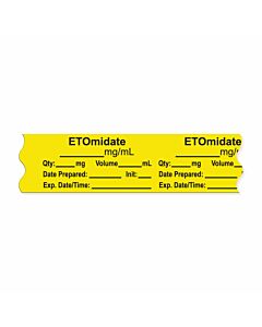Anesthesia Tape, with Expiration Date, Time & Initial (Removable), "Etomidate mg/ml" 3/4" x 500", Yellow - 333 Imprints - 500 Inches per Roll