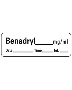 Anesthesia Label with Date, Time & Initial (Paper, Permanent) Benadryl mg/ml 1 1/2" x 1/2" White - 600 per Roll