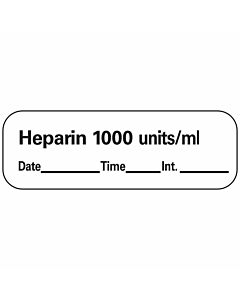 Anesthesia Label with Date, Time & Initial (Paper, Permanent) Heparin 1000 1 1 1/2" x 1/2" White - 600 per Roll