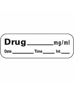 Anesthesia Label with Date, Time & Initial (Paper, Permanent) Drug mg/ml 1 1/2" x 1/2" White - 600 per Roll
