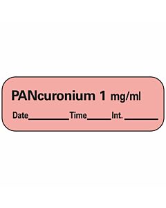 Anesthesia Label with Date, Time & Initial (Paper, Permanent) Pancuronium 1 mg/ml 1-1/2" x 1/2" Fluorescent Red - 600 per Roll