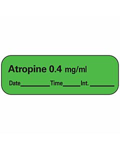 Anesthesia Label with Date, Time & Initial (Paper, Permanent) Atropine 0.4 mg/ml 1 1/2" x 1/2" Green - 600 per Roll