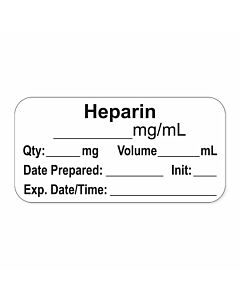 Anesthesia Label, with Expiration Date, Time & Initial (Paper, Permanent) "Heparin mg/ml" 1-1/2" x 3/4" White - 500 per Roll