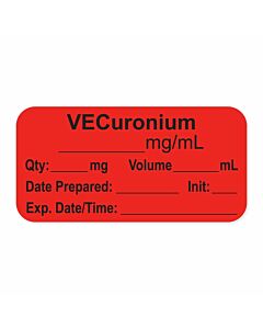 Anesthesia Label, with Expiration Date, Time & Initial (Paper, Permanent) "Vecuronium mg/ml" 1-1/2" x 3/4", Fluorescent Red - 500 per Roll