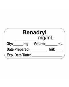 Anesthesia Label, with Expiration Date, Time & Initial (Paper, Permanent) "Benadryl mg/ml" 1-1/2" x 3/4" White - 500 per Roll