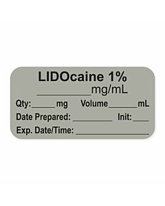 Anesthesia Label, with Expiration Date, Time & Initial (Paper, Permanent) "Lidocaine 1%" 1-1/2" x 3/4", Gray - 500 per Roll