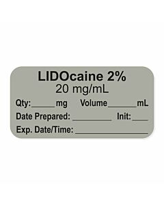 Anesthesia Label, with Expiration Date, Time & Initial (Paper, Permanent) "Lidocaine 2.0% 20 mg/ml" 1-1/2" x 3/4", Gray - 500 per Roll