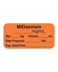 Anesthesia Label, with Expiration Date, Time & Initial (Paper, Permanent) "Midazolam mg/ml" 1-1/2" x 3/4", Orange, - 500 per Roll