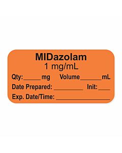 Anesthesia Label, with Expiration Date, Time & Initial (Paper, Permanent) "Midazolam 1 mg/ml" 1-1/2" x 3/4", Orange, - 500 per Roll