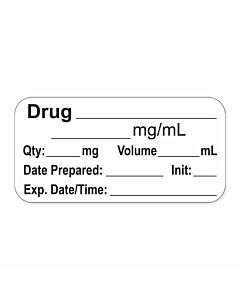 Anesthesia Label, with Expiration Date, Time & Initial (Paper, Permanent) "Drug mg/ml" 1-1/2" x 3/4" White - 500 per Roll