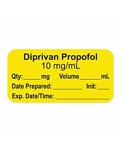Anesthesia Label, with Expiration Date, Time & Initial (Paper, Permanent) "Diprivan Propofol 10 mg/ml" 1-1/2" x 3/4", Yellow - 500 per Roll