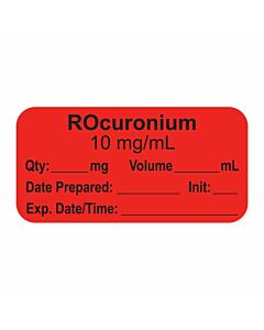 Anesthesia Label, with Expiration Date, Time & Initial (Paper, Permanent) "Rocuronium 10 mg/ml" 1-1/2" x 3/4", Fluorescent Red - 500 per Roll