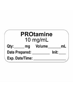 Anesthesia Label, with Expiration Date, Time & Initial (Paper, Permanent) "Protamine 10 mg/ml" 1-1/2" x 3/4" White - 500 per Roll