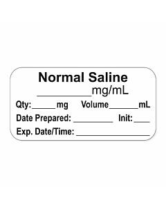 Anesthesia Label, with Expiration Date, Time & Initial (Paper, Permanent) "Normal Saline mg/ml" 1-1/2" x 3/4" White - 500 per Roll