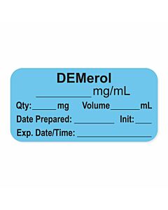 Anesthesia Label, with Expiration Date, Time & Initial (Paper, Permanent) "Demerol mg/ml" 1-1/2" x 3/4" Blue - 500 per Roll