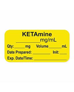 Anesthesia Label, with Expiration Date, Time & Initial (Paper, Permanent) "Ketamine mg/ml" 1-1/2" x 3/4", Yellow - 500 per Roll