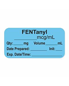 Anesthesia Label, with Expiration Date, Time & Initial (Paper, Permanent) "Fentanyl mcg/ml" 1-1/2" x 3/4" Blue - 500 per Roll