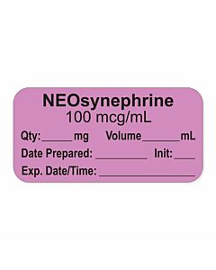 Anesthesia Label, with Expiration Date, Time & Initial (Paper, Permanent) "Neosynephrine 100 mcg/ml" 1-1/2" x 3/4", Violet - 500 per Roll