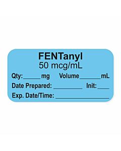 Anesthesia Label, with Expiration Date, Time & Initial (Paper, Permanent) "Fentanyl 50 mcg/ml" 1-1/2" x 3/4" Blue - 500 per Roll