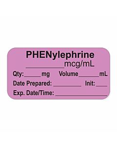Anesthesia Label, with Expiration Date, Time & Initial (Paper, Permanent) "Phenylephrine mcg/ml" 1-1/2" x 3/4", Violet - 500 per Roll