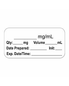 Anesthesia Label, with Expiration Date, Time & Initial (Paper, Permanent) " mg/ml" 1-1/2" x 3/4" White - 500 per Roll