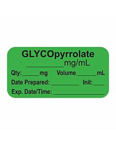 Anesthesia Label, with Expiration Date, Time & Initial (Paper, Permanent) "Glycopyrrolate mg/ml" 1-1/2" x 3/4", Green, - 500 per Roll
