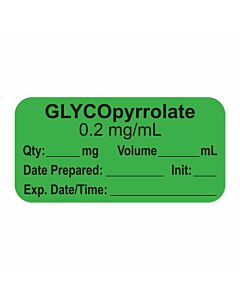 Anesthesia Label, with Expiration Date, Time & Initial (Paper, Permanent) "Glycopyrrolate 0.2 mg/ml" 1-1/2" x 3/4", Green, - 500 per Roll