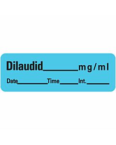 Anesthesia Label with Date, Time & Initial (Paper, Permanent) Dilaudid mg/ml 1 1/2" x 1/2" Blue - 600 per Roll