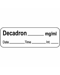 Anesthesia Label with Date, Time & Initial (Paper, Permanent) Decadron mg/ml 1 1/2" x 1/2" White - 600 per Roll