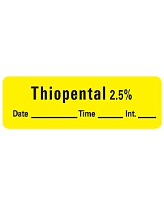 Anesthesia Label with Date, Time & Initial (Paper, Permanent) Thiopental 2.5% 1 1/2" x 1/2" Yellow - 600 per Roll
