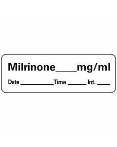 Anesthesia Label with Date, Time & Initial (Paper, Permanent) Milrinone mg/ml 1 1/2" x 1/2" White - 600 per Roll