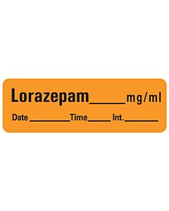 Anesthesia Label with Date, Time & Initial (Paper, Permanent) Lorazepam mg/ml 1 1/2" x 1/2" Orange - 600 per Roll