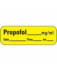 Anesthesia Label with Date, Time & Initial (Paper, Permanent) Propofol mg/ml 1 1/2" x 1/2" Yellow - 600 per Roll