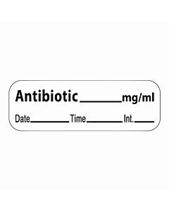 Anesthesia Label with Date, Time & Initial (Paper, Permanent) Antibiotic mg/ml 1 1/2" x 1/2" White - 600 per Roll