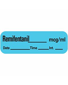 Anesthesia Label with Date, Time & Initial (Paper, Permanent) Remifentanil mcg/ml 1 1/2" x 1/2" Blue - 600 per Roll